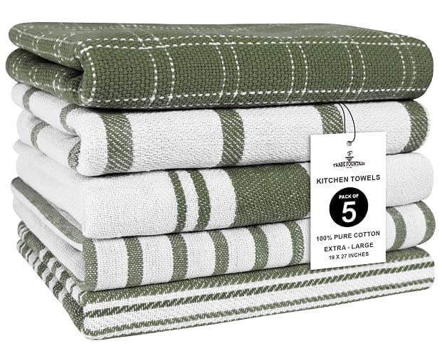 Trade Fountain Kitchen Towels - Pack of 5 Dish Towels for Kitchen Accessories - 19 x 27 INCHES Extra Large Highly Absorbent Dish Cloth - Reusable Hand Towels - 100% Pure Cotton Fabric (Olive) - Image 1