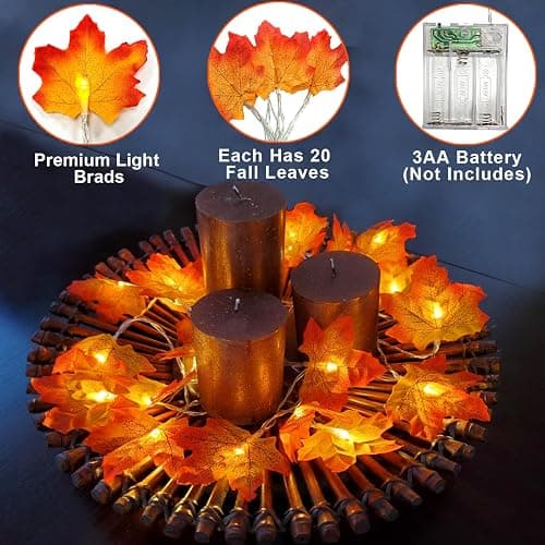 Fall Decor 2 Pack Fall Garland with Lights Enlarged Maple Leaves 20Ft 40LED | Halloween Fall Decorations for Home, Battery Operated Waterproof Autumn String Lights Indoor Outdoor Thanksgiving Decorations thumbnail 3