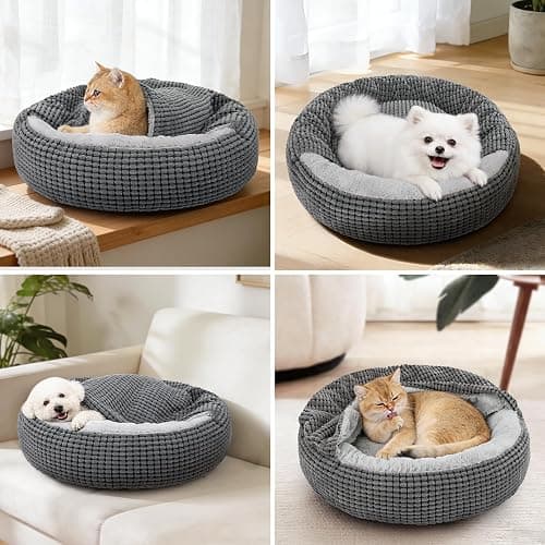 SIWA MARY Dog Bed with Attached Blanket for Small Dogs or Cats, Soft Plush Cozy Donut Cuddler Hooded Pet Beds Washable. Round Puppy Bed Orthopedic, Calming Cat Cave Bed. Anti-Slip Bottom 26inch thumbnail 6