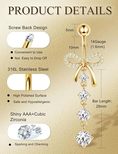FIASASO 8 Pcs Belly Button Ring Dangle Hypoallergenic Surgical Stainless Steel Belly Rings for Women CZ Pearl Heart Butterfly Bow Flower Navel Piercing Jewelry Dangly Curved Navel Ring thumbnail 2