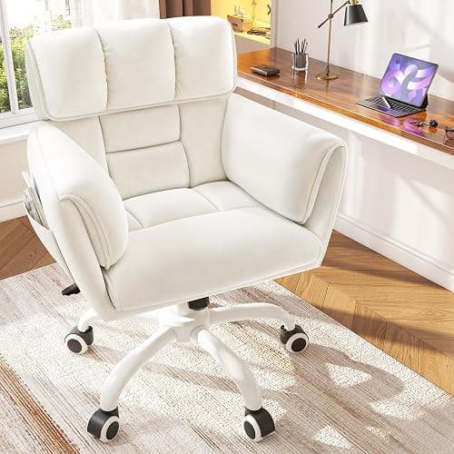 DurayLoly Home Office Chair with Wheels Soft-Touch Material,Modern Cute Vanity Chair with Back Adjustable Height Upholstered Comfy Desk Chairs with Side Pockets for Bedroom,White thumbnail 8
