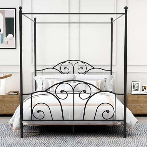 AUFANK Queen Size Four-Poster Metal Canopy Bed Frame with Headboard and Footboard Sturdy Slatted Structure No Box Spring Needed Black thumbnail 3
