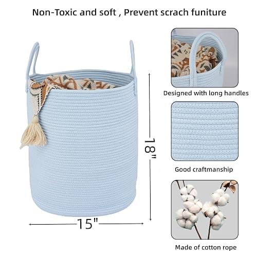 XUANGUO Cotton Rope Laundry Basket Hamper for Clothes Woven Storage Basket for Living Room Bedroom Boho Tall Rope Baskets for Blanket Toys Pillow Towels Baby Nursery Hamper Bin light blue thumbnail 3