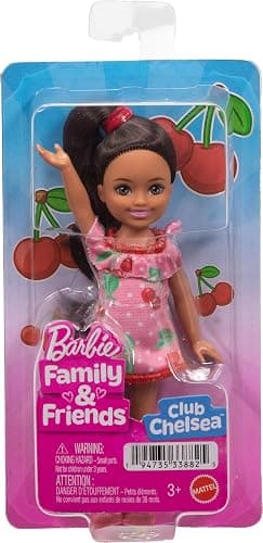 Barbie Club Chelsea Small Doll, 6-Inch Lula with Brunette Hair Wearing Removable Cherry-Print Dress & Sandals, JJB35 thumbnail 6