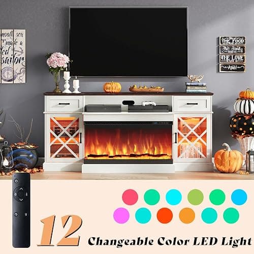 AMERLIFE Farmhouse LED Fireplace TV Stand with 3-Sided Glass Fireplace, 70" Large Entertainment Center for TVs up to 80", Rustic TV Console with Glass Door Storage for Living Room, Barnwood+White thumbnail 5