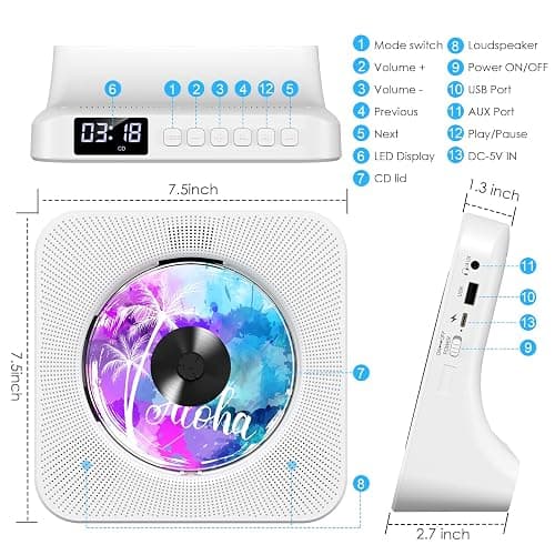 Gueray Portable CD Player with Bluetooth, Desktop CD Music Players for Home Built-in Double HiFi Sound Speakers, Support AUX&USB Headphone Jack, FM Radio Boombox, LCD Screen Display for Kids Gift thumbnail 4