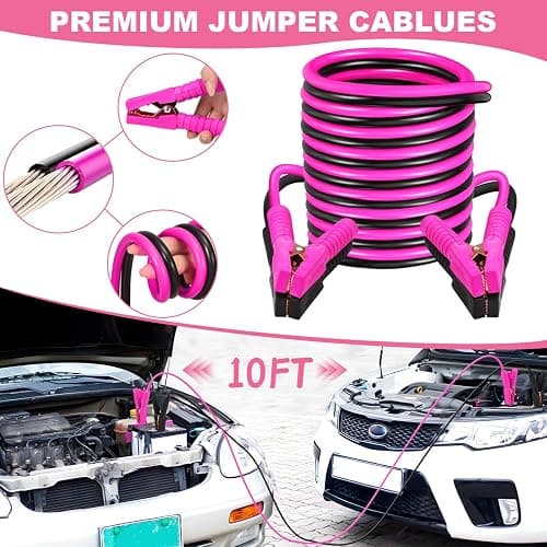 VEIYIE Car Emergency Kit with Portable Air Compressor, Pink Roadside Emergency Car Kit for Vehicles, 10FT Jumper Cables, Car Safety Kits Road Trip Essentials for Women, First Aid Kit, Tool Kit thumbnail 3