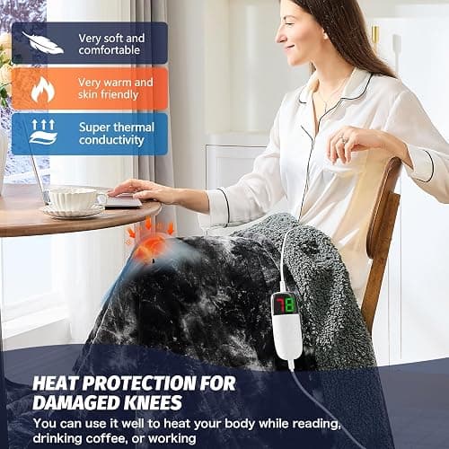 greenoak Heated Electric Blanket Throw, Faux Fur Sherpa Heating Blanket for Sofa Bed, Warm Winter Gifts for Women/Men, Heater Lap Blankets 5-Position Timer &10 Heating Levels 50''*60" Black thumbnail 5