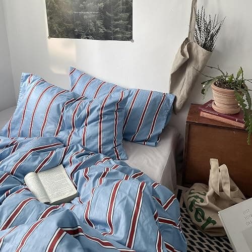 mixinni Vintage Striped Blue Duvet Cover Queen - 100% Cotton Red Stripes 3-Piece Bedding Duvet Cover Set with Zipper Closure, Soft & Breathable Retro Design for All Seasons (Queen Size) thumbnail 5