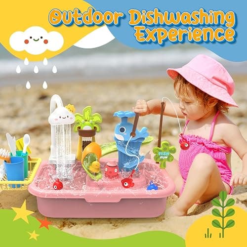 Play Sink with Running Water, 4-in-1 Kids Kitchen Sink Toys with Electric Faucet, Water Table Floating Pool Toy w/Fishing Game, Duck Slide, Pretend Play Dishwasher Set for Toddler Boys Girls (Pink) thumbnail 6