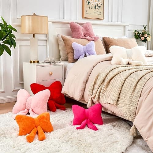 XVTRU Pink Bow Pillow, Soft Bow Decorative Pillows with Faux Rabbit Fur, Cute 12" Bow Throw Pillows, Aesthetic Home Decor Bow Shaped Plush Pillow for Bedroom Sofa Couch thumbnail 5