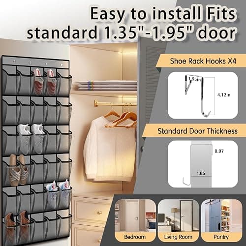 Kotkn Over the Door Shoe Organizer with 30 Breathable Mesh Pockets - Large Capacity Closet Storage for Men & Women, Hanging Shoe Rack Organizer (Gray) thumbnail 6