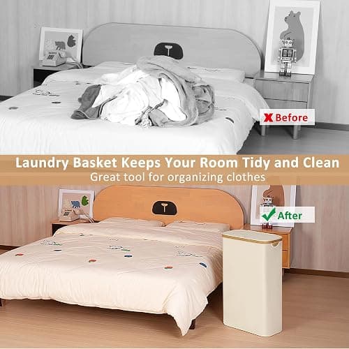 iEGrow 65L Slim Laundry Hamper, Narrow Laundry Basket with Lid,Foldable Clothes Hamper with Bamboo Handles,Hamper Basket with Removable Inner Bag for Laundry Room Bedroom College Dorm,17.17 Gals Beige thumbnail 4