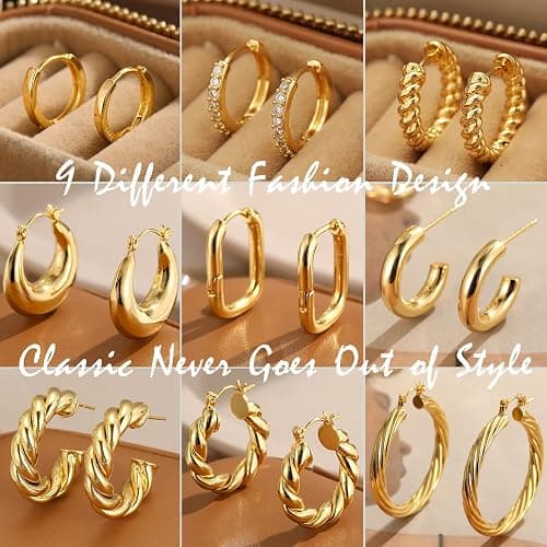 9 Pairs Gold Hoop Earrings for Women, 14K Gold Plated Lightweight Chunky Twisted Hoop Earrings Set for Gift thumbnail 5