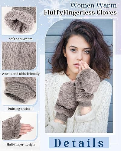 Jeere 4 Pack Winter Faux Fur Ear Muffs and Flip Mittens Set for Women Fingerless Gloves Fuzzy Ear Warmers Muffs Cover Outdoor thumbnail 3