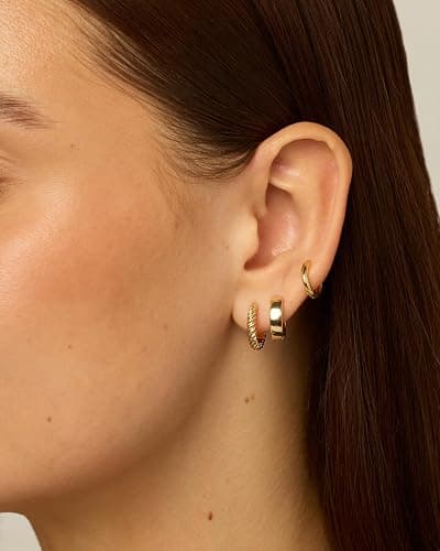 PAVOI 14K-18K Yellow Gold Plated 925 Sterling Silver Posts Hypoallergenic Three Pairs Small Hoop Earrings for Women - Statement Gold Hoop Earrings Set - Cubic Zirconia Rope Teardrop Chunky Huggie Earscape Piercings thumbnail 2