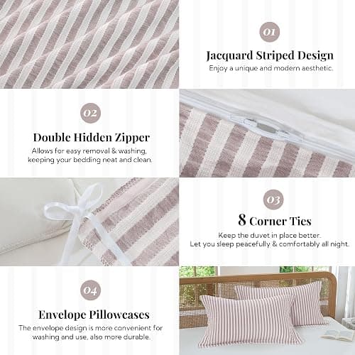 MILDLY Jacquard Stripe Duvet Cover - 100% Washed Cotton Pale Mauve Boho Textured Comforter Cover 3pcs with Zipper Closure 90"x90" thumbnail 4
