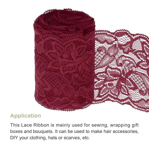 MECCANIXITY 3 Inch Wide 5 Yard Elastic Lace Ribbon Floral Pattern Dark Red Stretch Lace Trim Embroidered Fabric for Sewing Making, and DIY Crafts, Gift Wrapping, Bouquets, Wedding Decor thumbnail 4