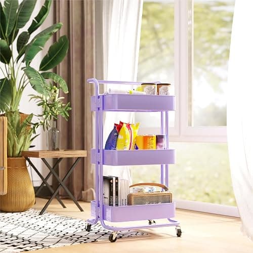 Mzzelry Metal Rolling Storage Cart, 3-Tier Utility Cart with Wheels, Multifunctional Organizer Storage for Kitchen, Bedroom, Office, Laundry Room, Dorm Room Essentials (Purple) thumbnail 3