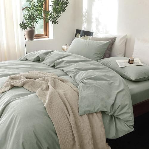 FOSSA Duvet Cover Set 100% Washed Cotton Linen Feel Super Soft Breathable Cozy 3 Pieces Bedding Sets Solid Sage Green Full/Double thumbnail 7