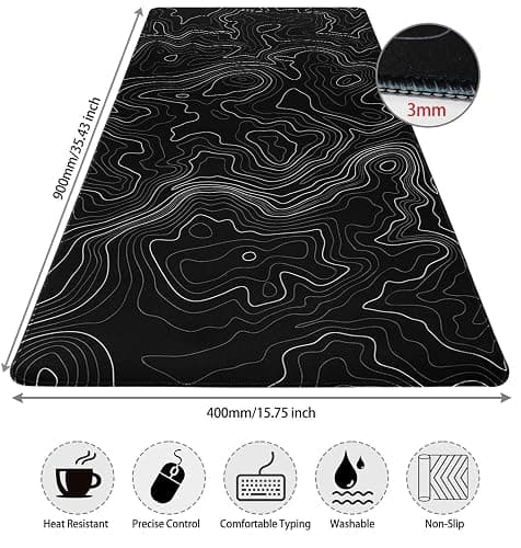 Niviy Tapis de Souris XXL 900X400mm sous Main Ergonomique pour Bureau/Maison Base en Caoutchouc Antidérapante Tapis de Bureau à Bords Cousus Noir Topographic Contour thumbnail 3