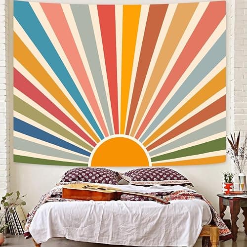 Kanuyee Boho Burning Sun Tapestry Wall Hanging, Retro 70s Abstract Vintage Geometric Rainbow Sunrise Tapestries for Bedroom Living Room Backdrop 36×48 inch - Image 1