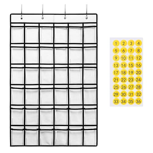 SAVERHO Classroom Pocket Chart for Cell Phones,36 Clear Pocket Chart for Calculator Holder with 36 Number Sticker (White) - White - Image 1