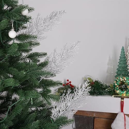 Christmas Glitter Stems 24pcs Artificial Pine Tree Picks for Christmas Tree Ornaments fillers, DIY Xmas Wreath, Crafts, Garland, Holiday, Party, Wedding and Home Decoration (Silver) thumbnail 2