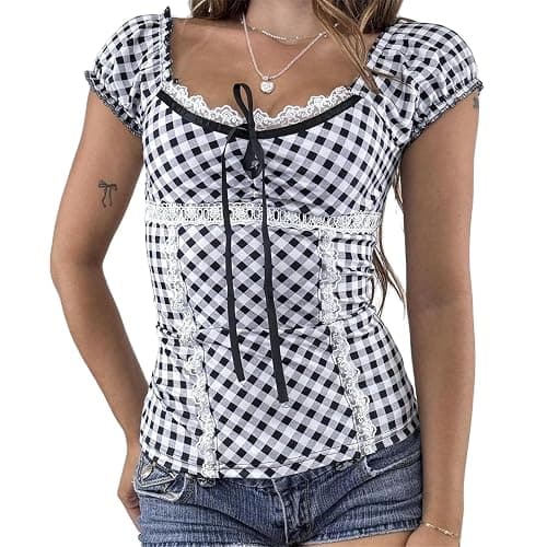 VnimVinter Women Fairy Grunge Y2k Shirt Vintage Short Sleeve 2000s Fairycore Aesthetic Crop Top E-Girl Streetwear - Image 1