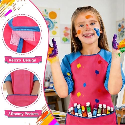 Yeunmu Kids Painting Apron 2 Pack, Waterproof Toddler Art Smock, Artist Smock for Kids Age 2-8 with Long Sleeve and 3 Pockets thumbnail 2