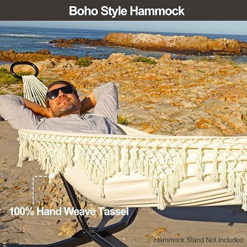 JoyView Boho Macrame Single Hammock with Hanging Ropes & Elegant Tassels 78.8x39.4 Portable Cotton Hammock for Patio Backyard Porch 300LBS Weight Capacity Perfect for Outdoor/Indoor - Beige Color thumbnail 4