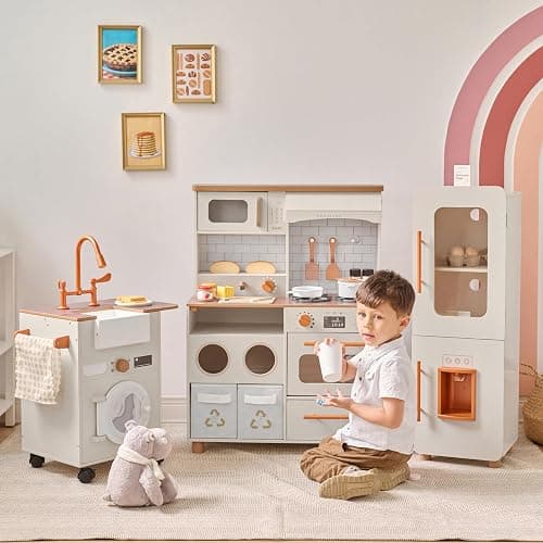 Teamson Kids Little Chef Savannah Off-White Play Kitchen for Girls & Boys with Sink, Fridge & 21 Accessories, Pretend Toy Kitchen Set for Toddlers Ages 3+ with Storage & Modular Design thumbnail 9
