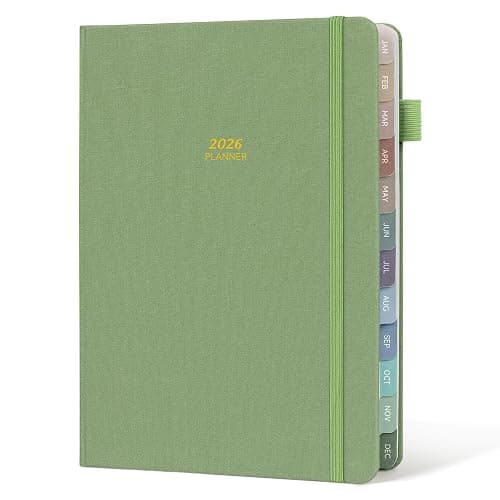 Getink 2026 Planner Weekly & Monthly Daily Agenda Book with Linen cover, 2026 To Do List Notebook with Colorful Monthly Tabs, Inner Pocket, Elastic Closure (Green,5.5 * 8.5) - Image 1