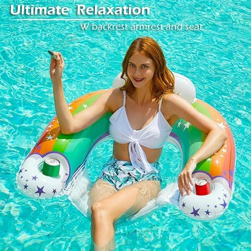 Jasonwell Inflatable Pool Float Chair - Pool Floaties Floating Pool Chair Lounge Floats for Swimming Pool Water Chair Pool Lounger with Cup Holder Pool Toy Party Floaty Adults (Rainbow-L) thumbnail 2