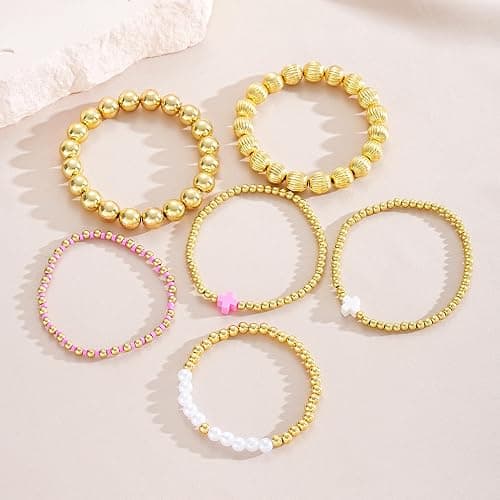 HUASAI Gold Bracelet Stack for Women Beaded Bow Bracelet Non Tarnish Chunky Stretch Paperclip Cross Pearl Bracelets Set Christmas Jewelry Gifts Stocking Stuffers for Teen Girls thumbnail 4