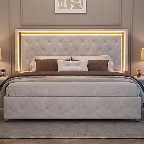 YUMPIE Full Bed Frame LED Lights Headboard, Velvet Upholstered, Cream | Adjustable Headboard built-in Chic Acrylic, Footboard, No Box Spring Needed, Solid Wood Slats, Noise-Free, Easy Assembly - Image 1