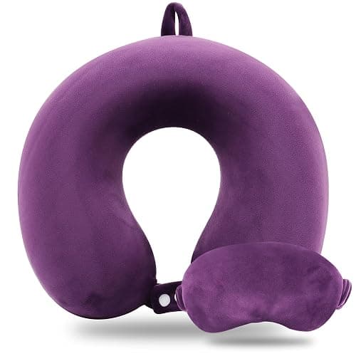 Sexysamba Pure Memory Foam Travel Pillow Set for Adults - Comfortable & Removable Machine Washable Cover, Neck Support Pillow Airplane Travel Kit with Eye Mask for Portable Plane Accessories - Purple - Image 1