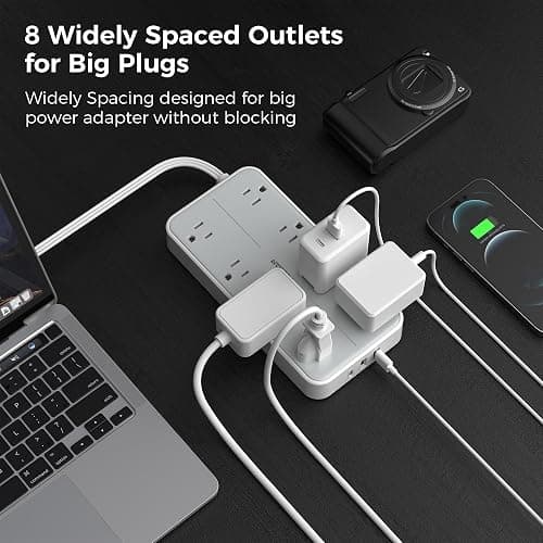 Power Strip Surge Protector 10 FT, TESSAN Flat Plug Extension Cord with 8 Outlets 3 USB Ports(1 USB C), 1080Joules Wall Mountable Multi Port Charging Station for Home Office Dorm Room Essentials - Gray - 10FT-1080J surge protection thumbnail 3