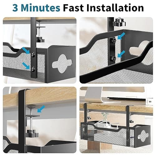 Litwaro Under Desk Cable Management Tray No Drill, 13.38'' Metal Wire Organizer with Clamp Mount for Standing Desk, Cord Management Box for Home Office – No Damage to Desk (Black) thumbnail 6