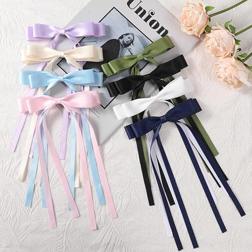 WORTL 10 PCS Satin Hair Accessories: Double Hair Ribbon Ponytail Holders, Metal Hair Clips and Bows for Women and Girls in Black and White thumbnail 7
