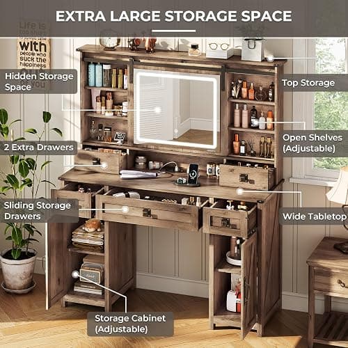 Makeup Vanity Desk with Lights, 47.2" Farmhouse Vanity Table with Sliding Mirror & Charging Station, Large Makeup Desk with 5 Drawers & 2 Cabinets, Rustic Oak thumbnail 4
