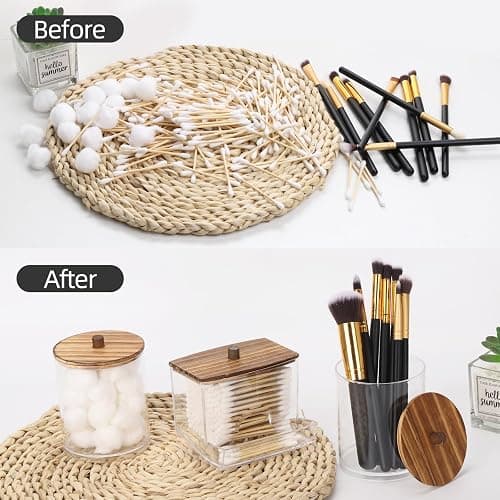 Tbestmax Qtips Dispenser Bathroom Container, 10/12 oz Big Cotton Ball Holder, Apothecary Jar Organizer for Storage Cotton Swab, Round Pads, Floss Picks (Brown Wood Lids) thumbnail 5