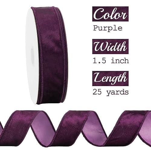 MEEDEE Purple Velvet Ribbon - 1.5 Inch, 25 Yards Crushed Velvet Spool - Halloween Wired Ribbon for Wreaths, Bows & Tree Garlands thumbnail 3
