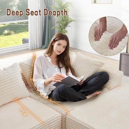 Korser 110" L-Shaped Modular Sectional Sofa with Chaise, Boneless Comfy Corduroy Fluffy Couch with Deep Seat and Side Pockets, Flexible Module Combination for Living Room, No Assembly, Side Pockets thumbnail 5