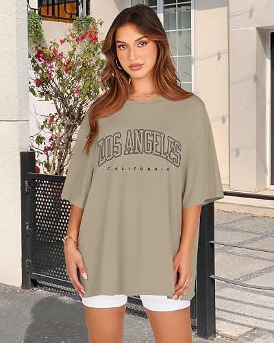 Womens Oversized Tshirt Graphic Tees Crew Neck Summer Short Sleeve Loose Fit Tops - XX-Large - A-los Letter Print thumbnail 2