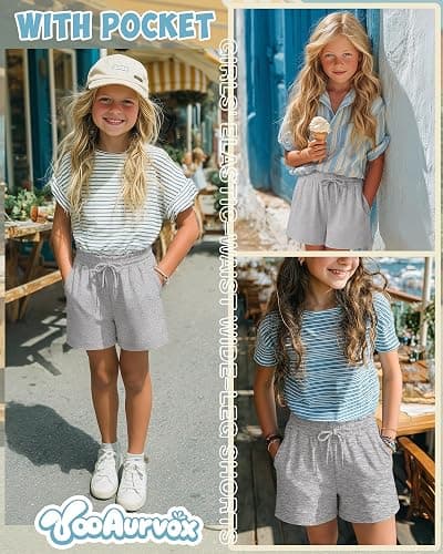 YooAurvox Girls' Shorts Kids Summer Ruffled Drawstring Casual Athletic Pants Teen Loose Sweat Shorts with Pockets 5-14 Years thumbnail 3