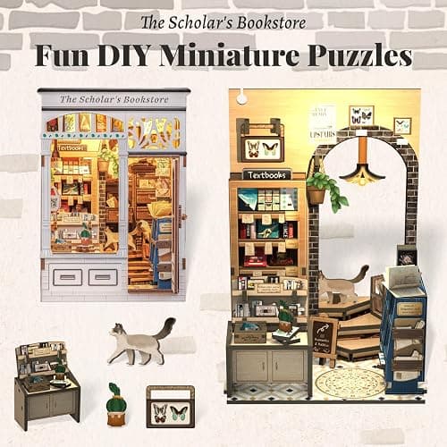 Fsolis Book Nook Kit - DIY Miniature Dollhouse Kit 3D Puzzles for Adults Tiny House Mini Booknook Craft Bookshelf Decor, 168 Wooden Pieces, Gifts for Women Book Lovers(The Scholar's Bookstore) thumbnail 2