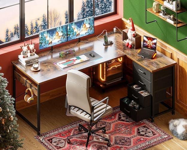 AODK L Shaped Desk with 4 Tier Drawers, 61" Reversible Gaming Desk with Power Outlets, L Shaped Computer Table with USB Charging Port and Host Stand, Home Office Table, Easy to Assemble, Vintage thumbnail 2