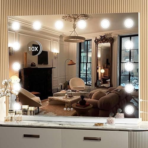 Hasipu Vanity Mirror with Lights, 32" x 24" Makeup Mirror, Light up Mirror with 14 Dimmable LED Lights and 10X Magnification, 3 Colors Modes, Touch Control, USB Charging Port, White thumbnail 7