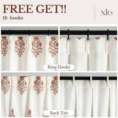 THREE GIRLS Pinch Pleated Curtains Light Filtering Red Floral Curtains for Living Room Bedroom Dining Room 84 Inches Luxury Linen Drapes Farmhouse Window Curtains with Hooks - 2 Panels Set, 40" x 84" thumbnail 7